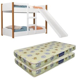 Beliche Flora Infantil com Escorregador e 2 Colchões Infantil Probel 1,50 Cor Branco com Nature