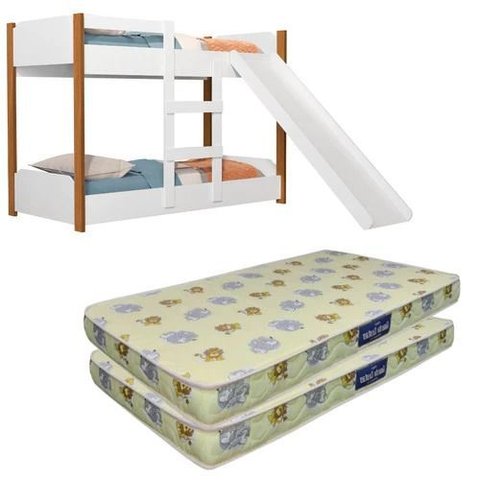 Beliche Flora Infantil com Escorregador e 2 Colchões Infantil Probel 1,50 Cor Branco com Nature
