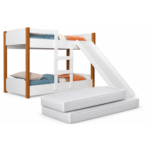 Beliche Flora Infantil com Escorregador e 2 Colchões Infantil 1,50 Cor Branco com Nature
