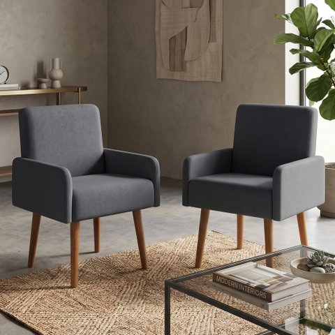 Kit 2 Poltrona Rebeca Estofada Design Moderno para Sala e Living Madeira Maciça Veludo Cinza