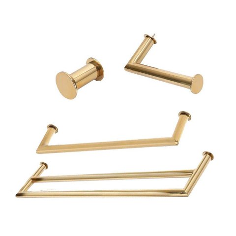 Kit de Acessórios para Banheiro com 4 Peças em Aço Inox Dourado Linha Tessália com Toalheiro Duplo
