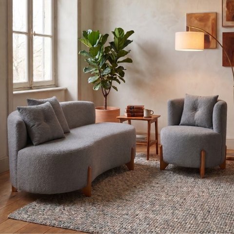 Kit Namoradeira e Poltrona Curvo Orgânico Boucle Cinza - Montanaris Decor