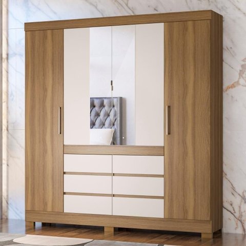 Guarda Roupa Casal Jasmim 4 Portas 6 Gavetas MDP Amendola Off White Demóbile