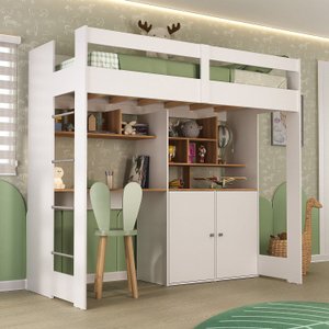 Cama Alta Infantil Juvenil 2 Portas com Escrivaninha Multifuncional Zwork Yescasa