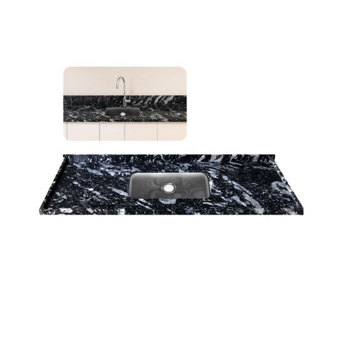 Pia de Cozinha Granito Indiano 150cm Cuba Inox Rasa Simples: Preto Indiano
