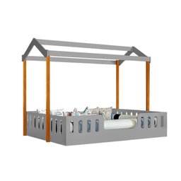 Cama Infantil com Colchão Casal Casinha Segura Montessoriana Ágatha Cinza e Mel - 3