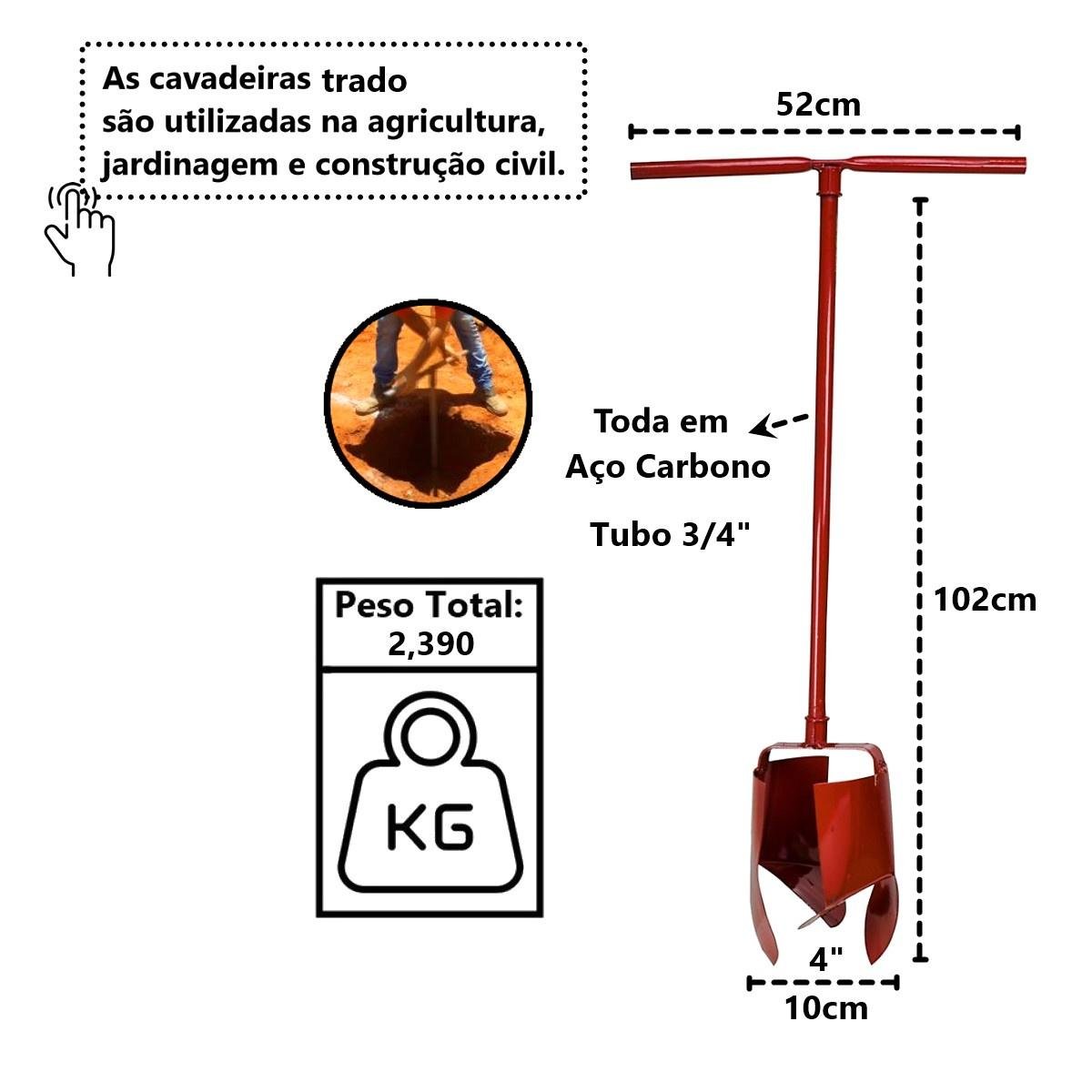 Cavadeira Trado Cabo em Tubo Aço Carbono 04pol 102cm Minasul - 4