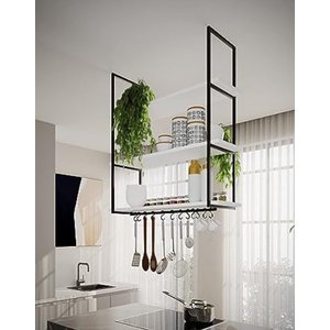 NICHO DE TETO PARA COZINHA 95 CM PRETO COM PRATELEIRA BRANCA