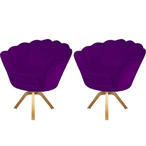 Kit 2 Poltronas Decorativa Pétala Base Giratória Madeira Suede Roxo Ms Decor