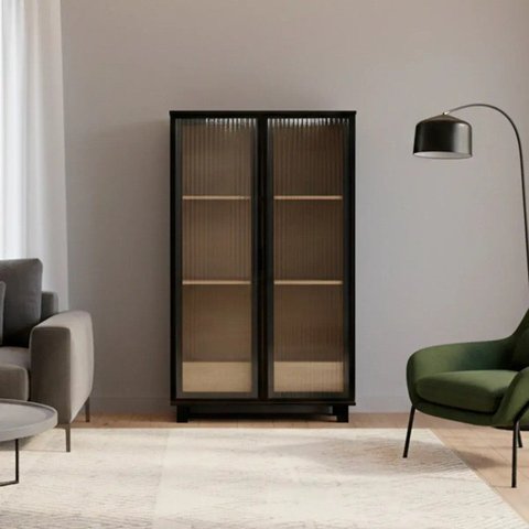 Cristaleira Livreiro para Sala de Jantar 2 Portas com Vidro Canelado 1 Gaveta 80cm x 147cm Paris Pre