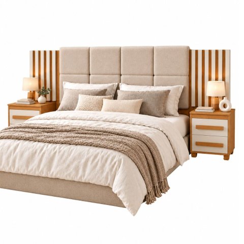 Cabeceira Casal Extensível com 2 Mesas de Apoio Ripado e Estofado Cinamomo/Off White Suíça Rv Mó