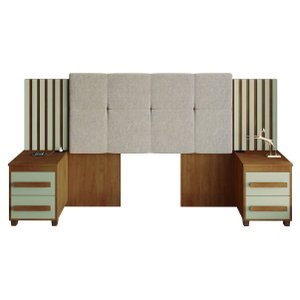 Cabeceira Casal Extensível com 2 Mesas de Apoio Ripado e Estofado Cinamomo/Off White Suíça RV Mó