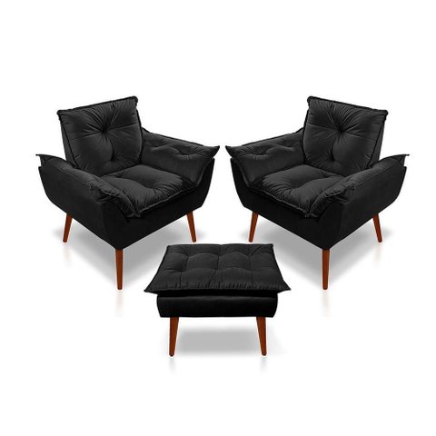 Kit C-2 Poltronas Opala + 01 Puff Opala Elegante Suede Preto
