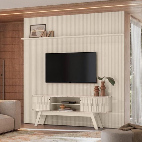 Kit New Amalfi Painel e Aparador Rack Calacata/off-white