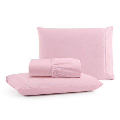 Jogo de Lençol Casal Padrão Premium Soft 600 Fios Micropercal Rosa Bebê Ponto Palito Toque Macio 3 P