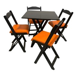 Conjunto Mesa Dobrável com 4 Cadeiras Preto Estofado Laranja - 1