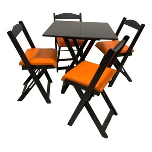 Conjunto Mesa Dobrável com 4 Cadeiras Preto Estofado Laranja