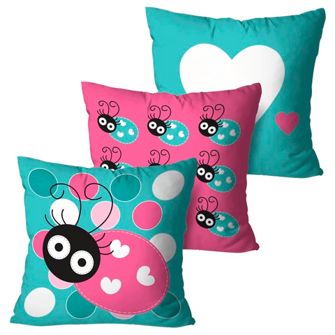 Kit com 3 Capas para Almofadas Decorativas Infantil Joaninhas