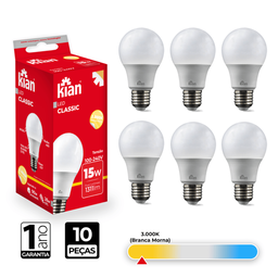 Kit 10 Lâmpada Led Classic 15w 3000k Branca Quente Kian - 3