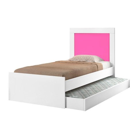 Cama Solteiro Bibox Luara com Auxiliar e Colchões D20 Quarto Infantil Estilo Moderno - Branco-rosa