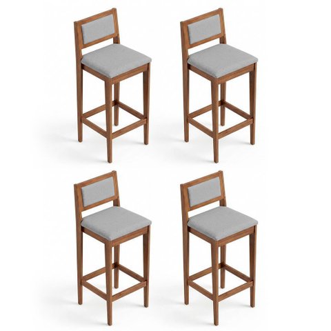Kit 04 Banquetas Altas Lenna 99cm em Madeira e Encosto Estofado Linho Cinza Claro - Desk Design