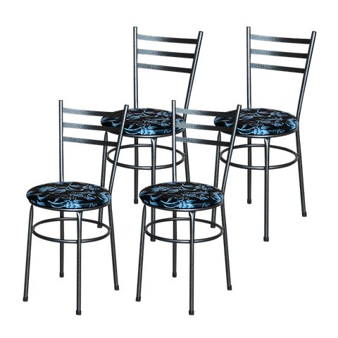 4 Cadeiras Epoxi Preta Craqueada Assento :Floral Preto