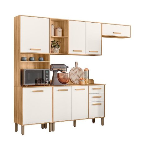 Cozinha Maria Flor 260cm 5 Portas com Balcão Freijó/off White Cristal - Nicioli