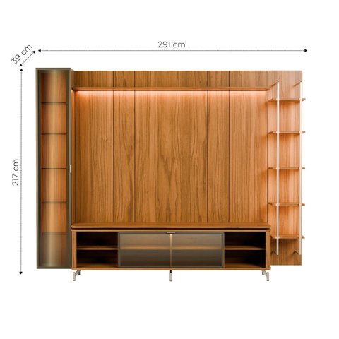 Estante para TV Home Theater 85" 100% MDF Vidro Reflecta LED 291cm Prateleiras Cristaleira Canella