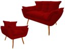 Ver imagem 1 de Kit Namoradeira + Poltrona Decorativa Opala Suede Vermelho Pés Madeira Ms Decor