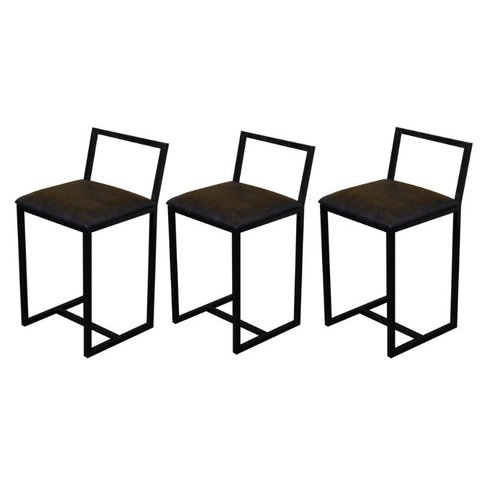 Kit 3 Banqueta Baixa Para Cozinha Preta Industrial Assento Estofado  