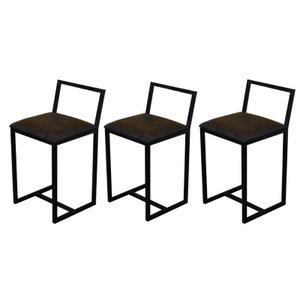 Kit 3 Banqueta Baixa Para Cozinha Preta Industrial Assento Estofado