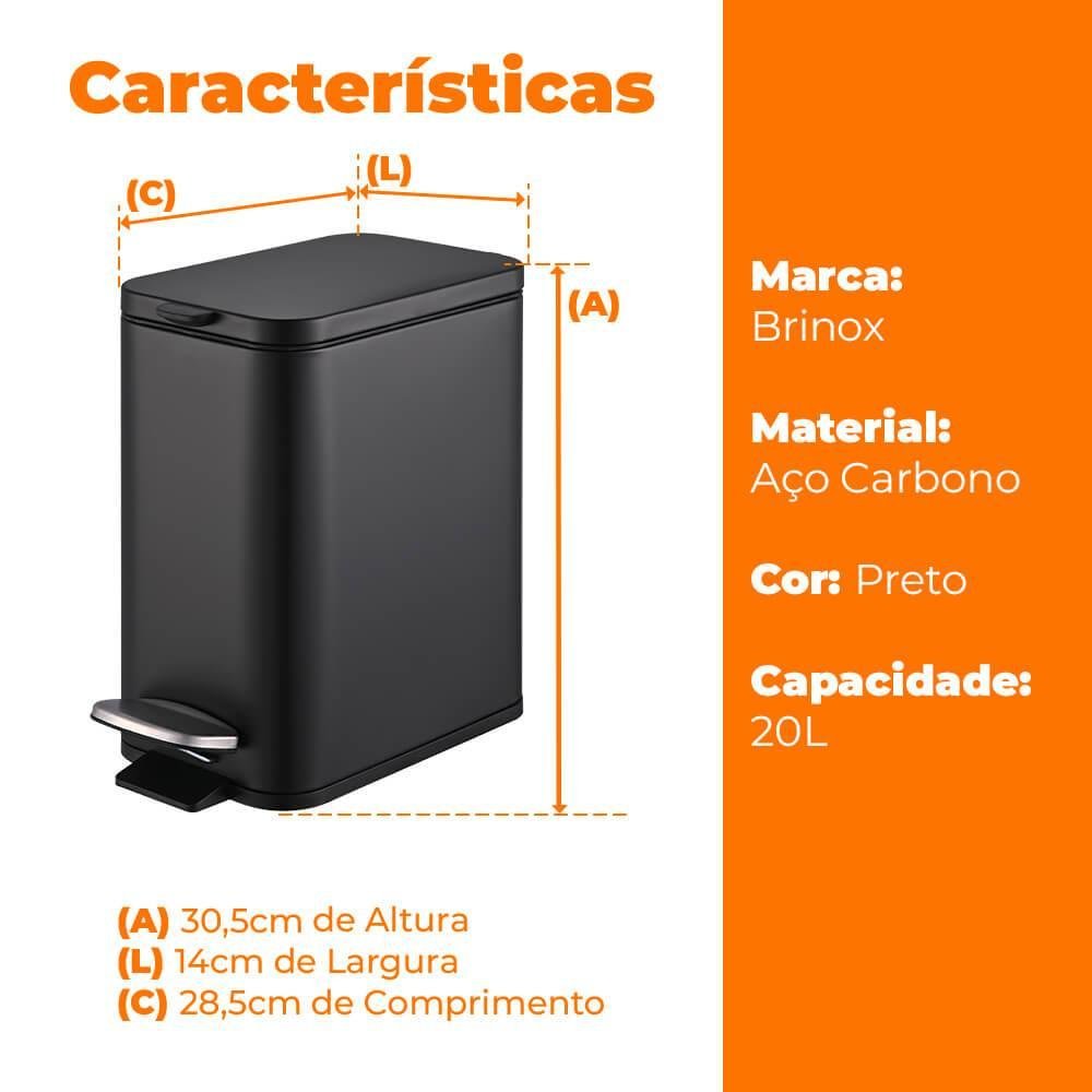 Lixeira para Banheiro e Cozinha Retangular Preto Aço Carbono Frame 5 Litros - Brinox - 7