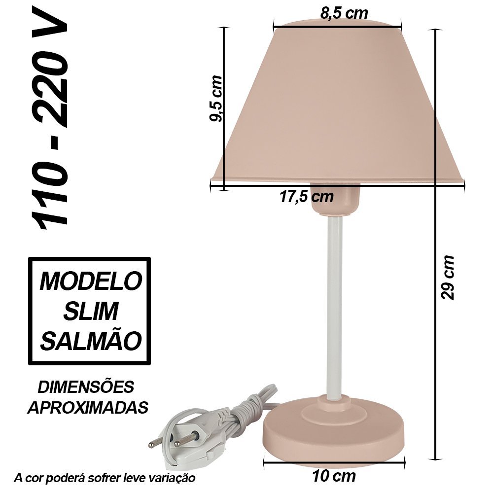 Abajur Infantil Slim Menina ou Menino Luminária para Quarto de Bebê - Cor Salmão - 2