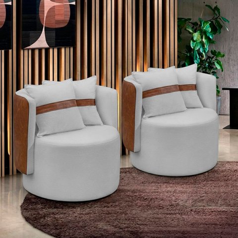 Kit 2 Poltrona Orgânica Maya Corino Nozes e Boucle Cru Redonda Decorativa - Arkell