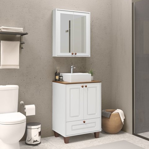 Gabinete para Banheiro com Cuba e Espelheira 60cm Córdoba Yescasa Branco/Carvalho