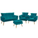 Ver imagem 1 de Kit Poltrona Namoradeira e 2 Poltronas Opala com Puff Lunar Suede Azul Turquesa Aradecor