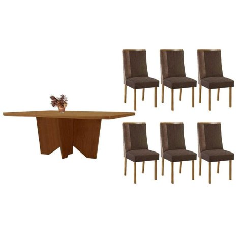 Conjunto: Mesa Sala Jantar Nevada C/ Tampo Madeirado Canto Curvo 180x90cm e 6 Cadeiras Tilia