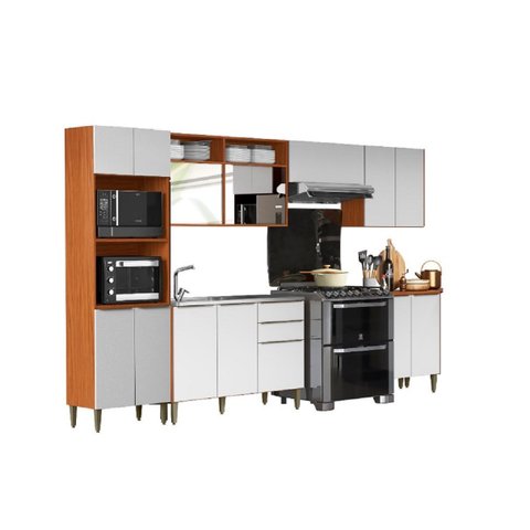 Cozinha Modulada Clara 330cm Sem Tampo/ Cuba  - Cinamomo/Branco Aramóveis