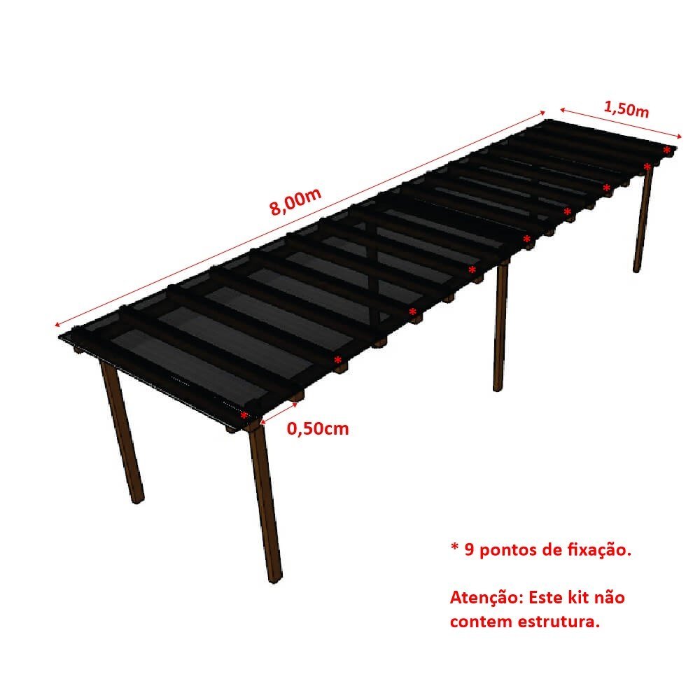 Cobertura Policarbonato Alveolar 8,00m x 1,50m - Fume 4mm - 2