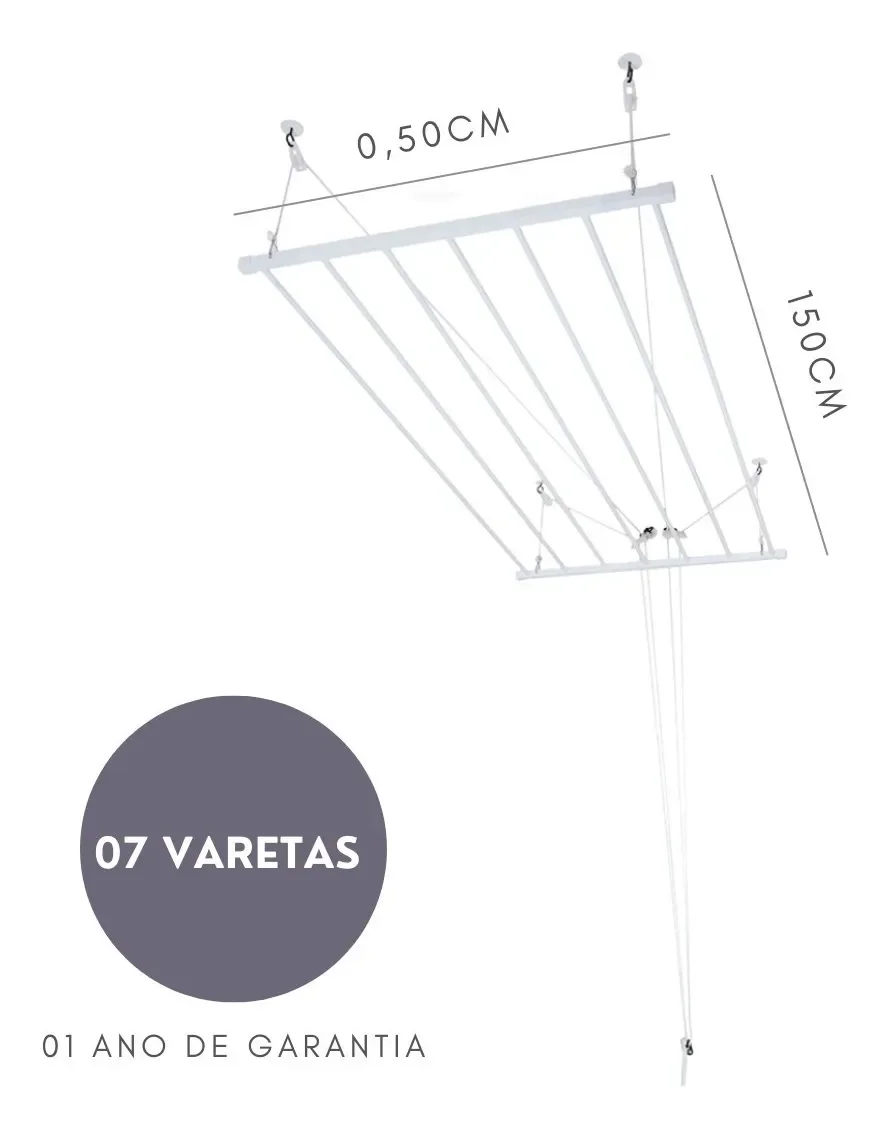 Varal De Teto Tradicional 150cm x 07 Varetas - Em Alumínio Branco - 2