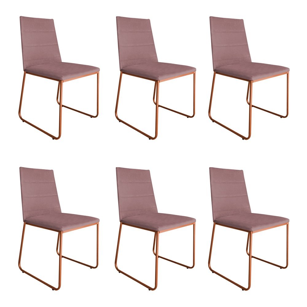 Kit 6 Cadeiras de Jantar Estofada Lille Base Bronze Veludo Rosê - Montanaris Decor