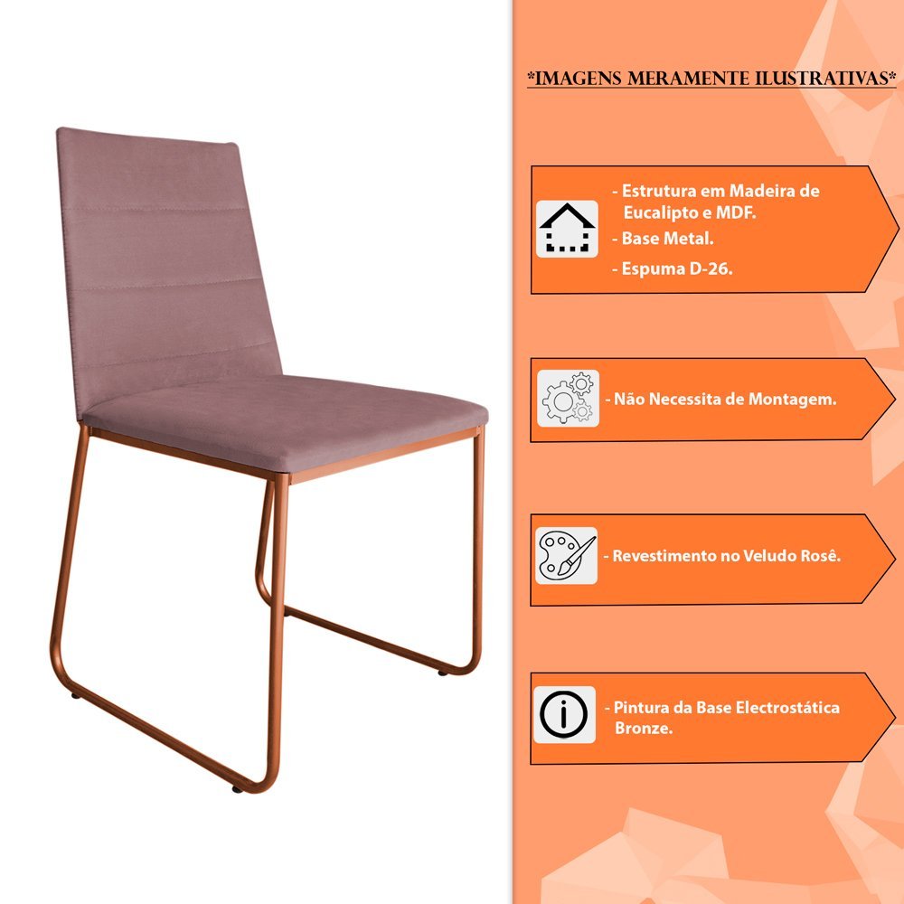 Kit 6 Cadeiras de Jantar Estofada Lille Base Bronze Veludo Rosê - Montanaris Decor - 6
