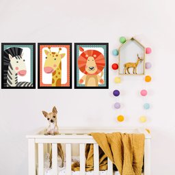 Kit 3 Quadros Infantis Bichos do Safari 45x34cm:moldura Branca - 2