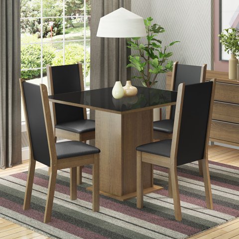 Conjunto Sala de Jantar Moscou Plus Madesa Mesa Tampo de Vidro com 4 Cadeiras Rustic/Preto Cor:Rusti