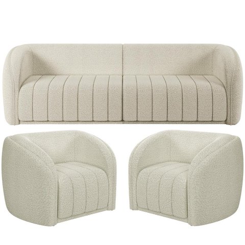 Kit Sofá 04 Lugares para Sala 252 Cm com 02 Poltronas Lazio M03 Bouclê Bege Claro - Lyam Decor