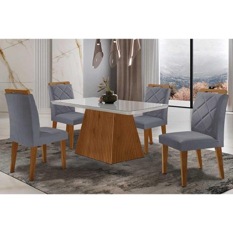 Sala de Jantar Completa Luna Tampo Madeirado C/ Vidro Curvo 120x80 e 4 Cadeiras Melissa Imbuia -