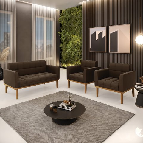 Conjunto 2 Poltronas e 1 Namoradeira Decorativa Karen Pés Fixo em Madeira Castanho Suede Marrom 19 -
