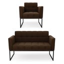 Ver imagem 1 de Kit 1 Sofá Namoradeira e 1 Poltrona Elisa Suede Marrom Base Metálica Industrial Preto - D'Rossi