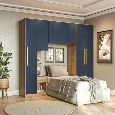 Quarto Modular Kappesberg Adapt Nogueira/azul Profundo 4 Peças 247cm