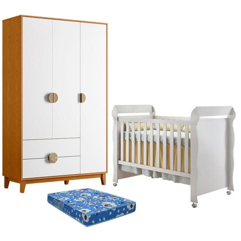 Berço Americano Mirelle com Colchão Ortobom com Guarda Roupa Ipê 3 Portas Branco Cinamomo -Móveis Al